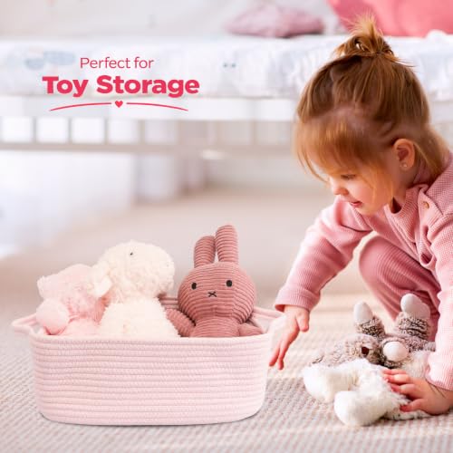 XUANGUO Medium Woven Cotton Rope Storage Basket with Handles, Light Pink | Small decorative rectangle storage bin for baby nursery items and cat toys; ideal as an empty gift basket or dog toy basket - color: Light pink