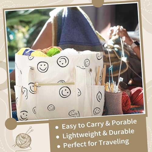 Bulyoou 2 Pcs Crochet Bag and Tote Set, Corduroy Yarn Bag with Grommets, Smile Face Crochet Project Bags Organizer for Hooks, Needles, Knitting Accessories, Gifts for Women Yarn Crafts Lovers