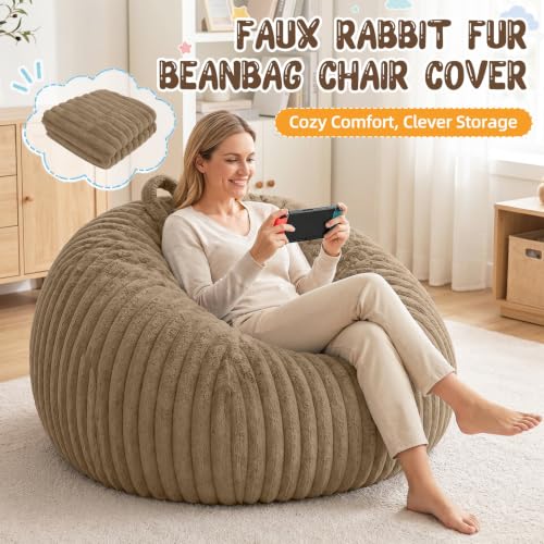 Bean Bag Cover No Filler Stuffed Animal Storage Bean Bag Chair Cover | Soft Faux Rabbit Fur,Non-Slip Bottom,Durable Zipper,Fill with Plush Toys or Blankets,for Adults Teens Kids Girls,Brown - color: Brown (Cover Only), size: Large(38''x38''x40'')