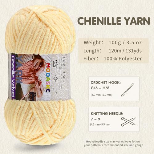 Mooaske Chenille Yarn for Crocheting, 300g/393yds Fluffy Baby Blanket Yarn | Soft plush thick chenille yarn for crocheting. 300g/393yd total. Ideal for baby blankets, amigurumi, scarves & home decor. - color: Turmeric