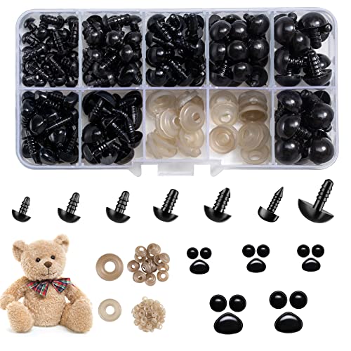 270PCS Safety Eyes and Noses, Black Plastic Eyes and Teddy Bear Nose with Washers for Doll Making for Crafts - color: Black