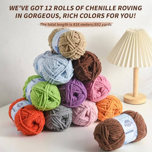 12 Pack Fluff Chenille Chunky Yarn for Crocheting Premier Puzzle - Velvet Baby Crochet Yarn with Black White Purple Pink Blue Coffee Red Premier Khaki Yellow Amigurumi Yarns Set B - color: 12 B