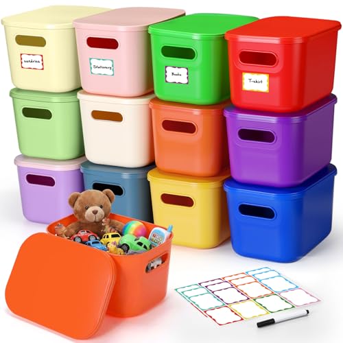 Thyle 12 Pack Richly Colorful Plastic Storage Bins with Lids 7 Quart Toy Storage Box Stackable Nestable Organizer Boxes with Handle and Labels for Classroom Shelf Bedroom Desktop Toys School Supplies - color: Vivid Color