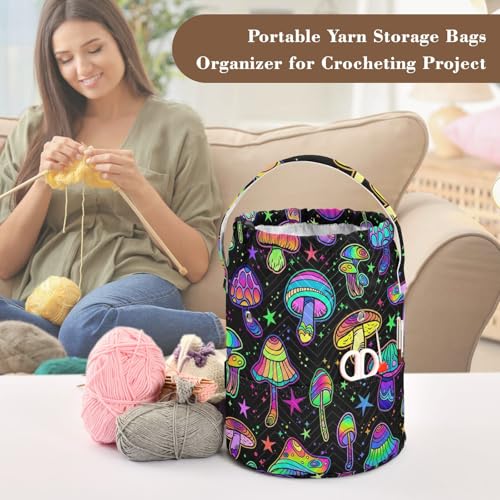 Fustylead Colorful Psychedelic Mushrooms Yarn Knitting Crochet Drawstring Bag with Customized Front Compartment, Portable Large Storage Basket for Crocheting Project, Kit, Yarn Ball, Needles - color: Black5 Psychedelic Mushroom