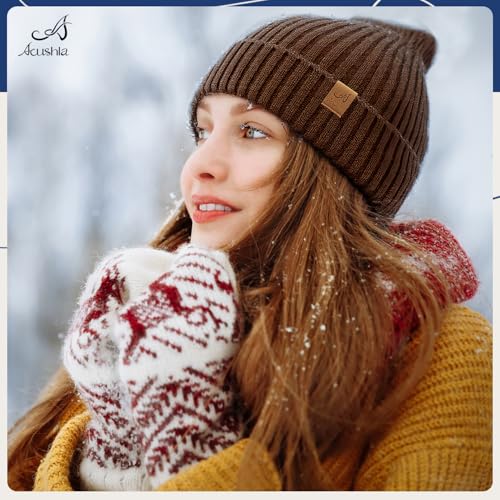 ACUSHLA Waterproof Windproof Winter Hat for Men Women Fleece-Lined Beanie - color: Brown