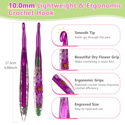 Katech 10mm Crochet Hook for Arthritic Hands, Long Aluminum Inline Hooks | Ergonomic Crochet Hooks with Dried Floral Grip-Elegant & Unique, Smooth Crochet Needle-Crochet Gift for Beginner&Crocheter - size: 10.0mm
