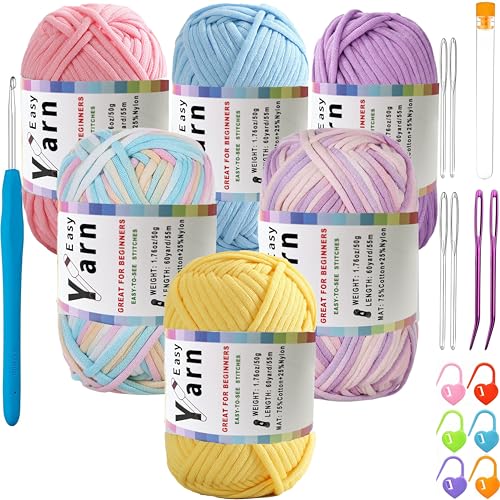 Beginner Easy Yarn Kit for Knitting,Crocheting; Worsted Weight Medium #4; Cotton Blend Yarn for Amigurumi with Tools (Sweet Candy, 6 Skein) - color: Sweet Candy
