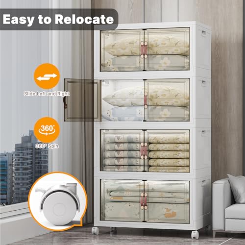 UAMFURI 700QT Stackable Storage Bins with Lids, Storage Cabinet with Wheels | Clear Doors Lockable Storage Bins Collapsible Closet Organizer for Space Saving Easy Assembly Extra Large Capacity Heavy Duty - color: White-175QT, size: 4Pack with 1 top lid