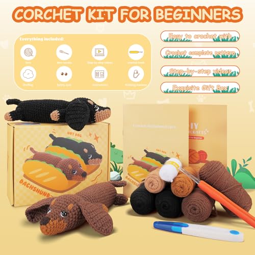 Fortuning's JDS Crochet Kit for Beginners, 2 PCS Dachshund Crochet Kits | Beginner Crochet Kit for Adults Kid w/ Step-by-Step Video Tutorials, Crochet Animal Kit, Dog Craft Knitting Kit Crochet Gifts - color: Brown Black Dachshund Set