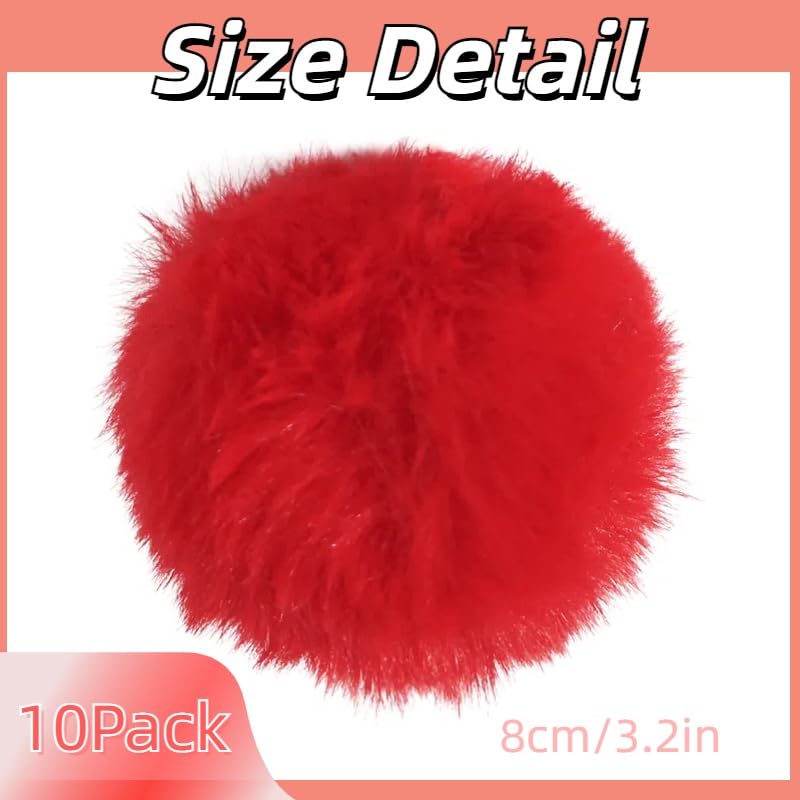 10Pcs Red 3.2Inch Faux Fur Pom Poms for Hats with Elastic Loop DIY Crafts | 10 Pack Red 3.2 Inch Fluffy Pom Poms, Removable Knitting Accessories for Keychains Shoes Scarves Gloves Bags - color: Red-10pcs-8cm