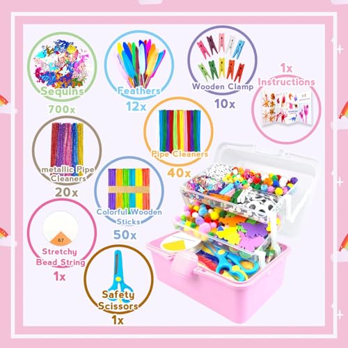 ZEIZHUBN Arts and Crafts Supplies for Kids Crafts Kit with Pipe Cleaners DIY Crafts for Kids Art School Supplies Materials All in Crafting Box Craft Supply Set Gifts for Kid Girls Boys Age 4-8, 8-12 - color: Pink