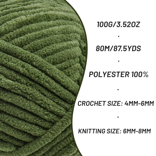 2 Pack Chunky Chenille Yarn for Crocheting, Baby Yarn for Crocheting Soft Blanket, 174.9 yds /7 oz Crochet Yarn, Bulky 5 Amigurumi Yarns, Fluffy Velvet Yarns for Knitting Crafts (2 Army Green) - color: 2 Army Green
