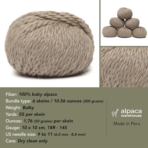 100% Baby Alpaca Yarn 6 Skeins 300g Bulky Weight Knitting Crochet Beige | Made in Peru with natural warmth and softness featuring 324yd of premium fiber ideal for scarves shawls sweaters and more - color: Beige, size: Bulky - 6 Skeins