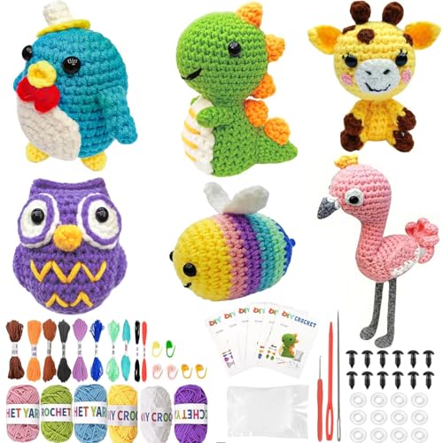 AaiLucky 6Pcs Crochet Kit for Beginners, 2026 DIY Craft for Adults, Christmas Gift for Crochet Lovers, Crocheting Animal Kits with Step-by-Step Video Tutorials, Yarn,Crochet Hook (Forest) - style: Forest