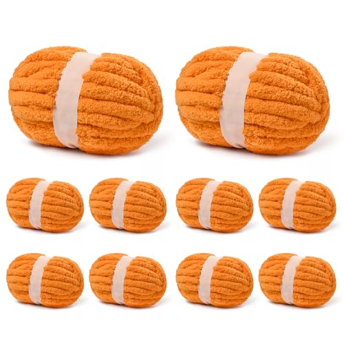 10 Pack Orange Fuzzy Chunky Yarn for Hand Knitting, Bulky Thick Fluffy Chenille Yarn for Crocheting, 240yds/70.5oz Jumbo Crochet Yarns, Soft Chunky Knit Blanket Yarn for Crochet - color: 10 Orange