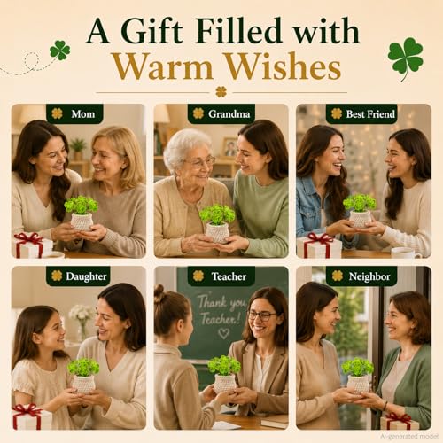 Handmade Crochet Plant Four Leaf Clover Flower Pot for Thank You | A heartfelt handmade gift that brings happiness, friendship, and warm wishes. Perfect for mom, friend, and thinking of you. - color: Clover-white Pot
