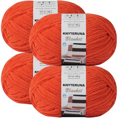 #6 Super Bulky Blanket Yarn for Crocheting - 4 Skeins(Each 10.5oz/300g, 220yds/201m), Chunky Chenille Thick Plush Big Soft Yarn for Crocheting Knitting Blankets, Solar Orange - color: Solar Orange