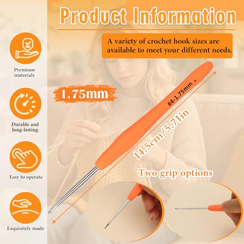 SHWAKK Small Crochet Hook, 1.75 mm Lace Ergonomic Crochet Hook | Tiny Crochet Needles for Arthritic Hands, Knitting Needles with Soft Handle Beginners and Experienced Hobbyists(1.75 mm) - size: 1.75mm