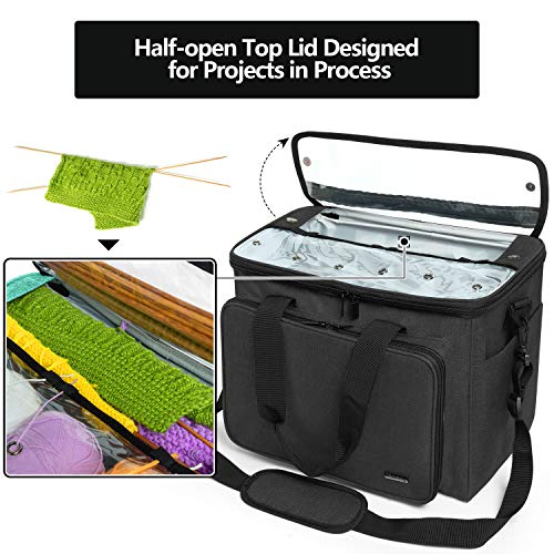 Teamoy Knitting Bag, Yarn Storage Organizer Crochet Bag Tote, Black | Yarn Holder with Inner Divider(Sewn to Bottom) for Crochet Hook, Knitting Needles(Up to 14"), Project and Crocheting Supplies - color: Black