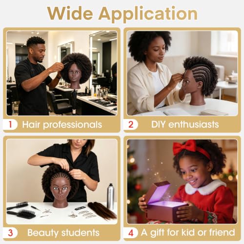 Afro 100% Human hair Mannequin Head,10''Curly Full Real Hair Mannequin Head,Cosmetology Mannequin Doll Head Styling,Manikin Head Hairs Braiding DIY Styling with Clamp Holder Set（10 Inch Dark Brown） - color: 10 Inch Dark Brown