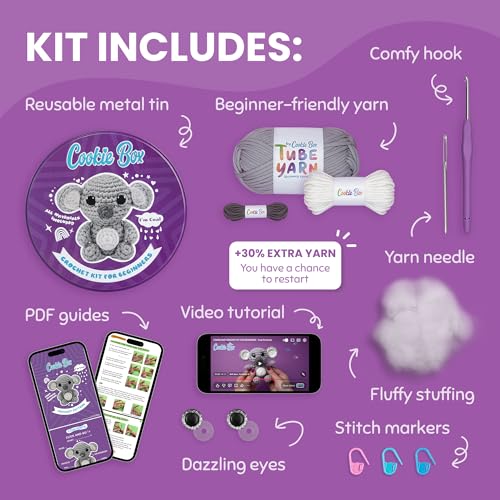 Cookie Box Crochet Kit for Beginners, Koala Coal | All Materials Included, Step-by-Step Video Tutorials, PDF Patterns, Easy DIY Craft, Amigurumi and Knitting Gift Set - color: Gray