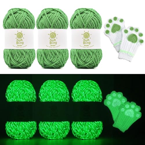 Crochet Yarn Glow in The Dark, SunBling Luminous 3 Pack of 5.29Oz/230Yards Acrylic Yarn for Handicraft Knitting, Light#3 Worsted Yarns Ideal for Beginners Adults, DIY Women Birthday Gift (Fresh Green) - color: Fresh Green