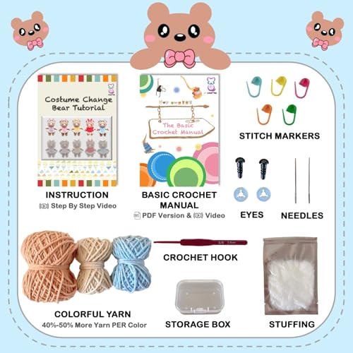 LoopMap Amigurumi Crochet Kit for Beginners with Removable Dress & Video Tutorials, DIY Bear Making Kit Includes Premium Yarn & Tools, Creative Gift for Adults Teens (Blue) - color: blue, style: Bear K01