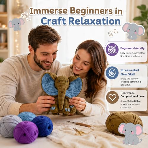 JYZJDKE Crochet Kit for Beginners Adults - DIY Amigurumi Elephant Knitting Starter Kit with Yarn Sets, Crochet Animal Kit Cute Stuffed Animal Craft Birthday Gifts (Grey Purple+Coffee Blue Elephant) - color: Grey/Purple+Coffee/Blue Elephant