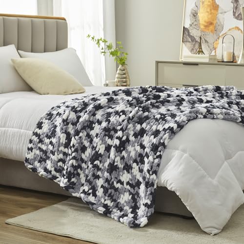 Chenille Chunky Knit Throw Blanket for Couch 50"x60", Space-Dyed Black | Handmade Chenille Crochet Throw for Sofa Bed, Thick Cable Knitted Blankets for Room Home Decor, Birthday Gift for Women - color: Black&white, size: 50"x60"