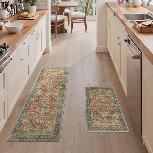 GENIMO Kitchen Rugs Set of 2, Washable Non Slip Cushioned Mats for Floor | 20"x32"&20"x59", Retrobrick vintage boho rug, soft faux cashmere, low pile, easy-clean for laundry, entryway, sink, farmhouse - color: Retrobrick, size: 20"x32"+20"x59"