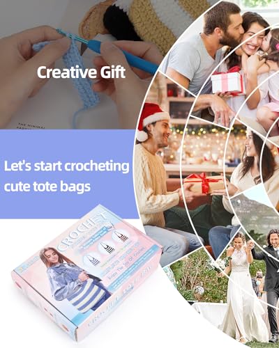 Katech Crochet Kit for Beginners w/Striped Tote Bag 3-1 Step-by-Step Guide | Tote Bag Crochets Kit clue Yarn Crochet Hooks for Adults Beginners Learn to Crocheting Crocheted Starter Kit Crocheter Gift - color: Blue White