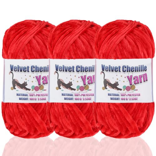 3 * 100g Fluffy Velvet Chenille Yarn for Crocheting and Knitting, Handcrafts Weaving Soft Chenille Yarn for Crocheting Clearance, Used for Making Baby Yarn Blanket, Clothes (3 - Red) - color: 3 - Red
