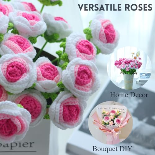 10PCS White-Pink Gradient Crochet Roses, Crochet Flowers | 16.1in x 2.36in; wool yarn bloom + thin iron-wire stem; 100% hand crochet; vase filler, DIY wreath, bouquet, home decor, gift - color: Gradient Pink