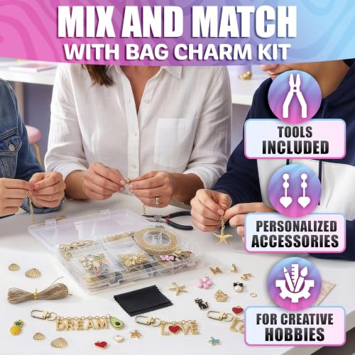AZZORI Lip Gloss Keychain Making Kit, 284 Pcs, Plier & Ring Opener | Bag Charm Making Kit: 66 Cherry, Heart, Star, Pearl Bow, Fruit Charms, 26 A-Z Letters, Lobster Clasps; Gift-Ready in Zip Bags - color: Keychain Kit - 283 Pcs
