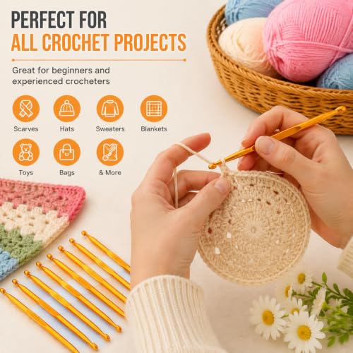 Aluminum Double End Crochet Hook Set, 8 Sizes 1.0-8.0mm Ergonomic Knitting Needles Kit with Soft Grip Handle, Smooth Glide Weave Craft Crochet Hooks for Beginners and Experienced Crocheters