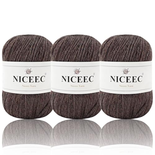 NICEEC 3 Skeins Soft Merino Wool Yarn- Brown | Soft & Warm, Finger Weight, Woolen Yarn for Crochet & Knitting, Total 5.3oz/606yds - color: Brown