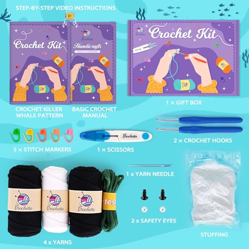 Crochetta Crochet Kit for Beginners, Crochet Starter Kit w Step-by-Step Video Tutorials, Beginner Crochet Kit for Adults Kids Women Men Complete Kit Included (Killer Whale) - color: KillerWhale