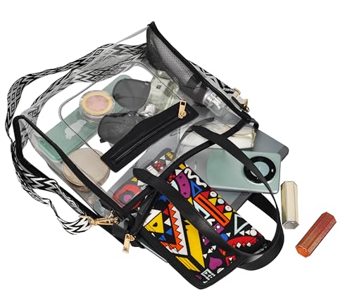 Clear Tote Bag for Women Thick PVC Clear Bag Transparent Stadium Bag with Guitar Strap - color: Black