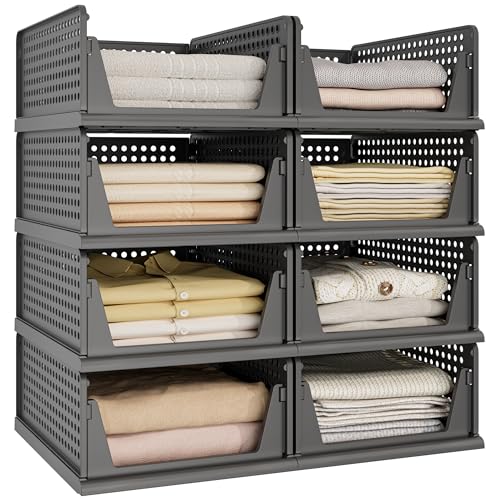 8 Pack Closet Organizer Storage Bins Stackable Plastic Drawer Shelf | Basket for Clothing Stackable Storage Bins Shelf Storage Container for Closet Wardrobe Bedroom Bathroom Office Grey Foldable - size: 8 Pack L