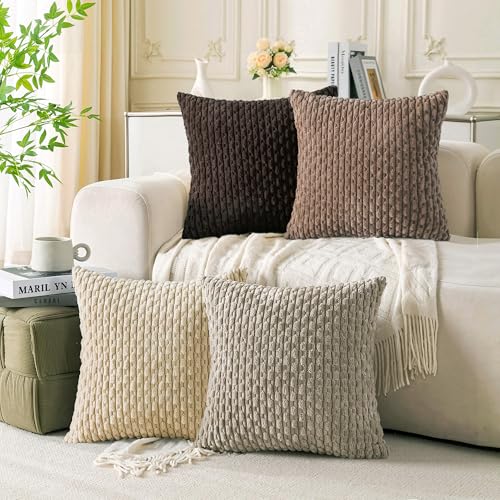 Set of 4 Beige Brown Coffee Decorative Throw Pillow Covers 18x18 Inch Corduroy Pillow Covers for Bed Couch Sofa Living Room Soft Square Cushion Cases - color: Beige Brown Coffee, size: 18" x 18" (Pack of 4)