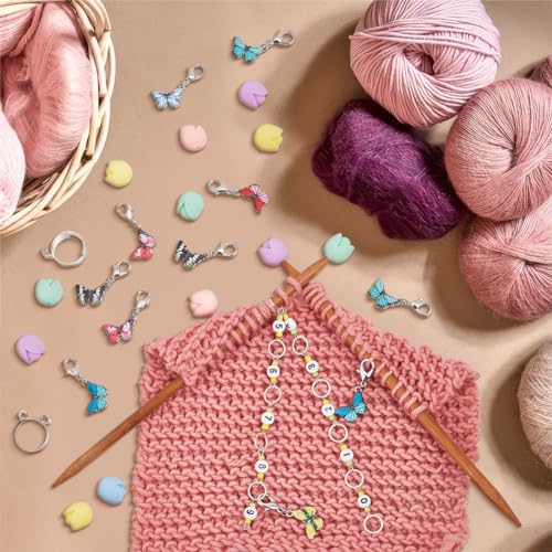 1Set DIY Knitting Tool Sets, Including Butterfly Themed Locking Stitch Markers, Counter Chains, Flower Shaped Knitting Needle Stoppers and Yarn Guide Finger Holder for Handmade Weaving, 10.43inch