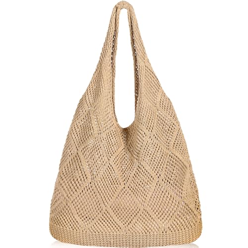 WantGor Crochet Bags, Beach Mesh Tote Bag Womens Shoulder Shopping Handbag | Casual Travel Totes Bag Foldable Hobo Bags - color: Yellowish-brown
