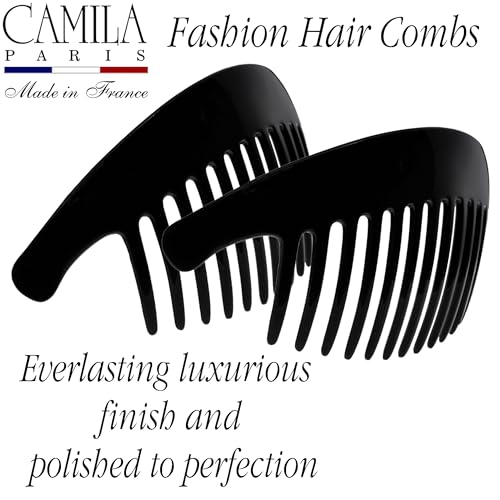 Camila Paris CP2872/2 French Hair Side Combs, Black Interlocking Combs French Twist Hair Combs, Strong Hold Hair Clips for Women Bun Chignon Up-Do, Styling Girls Hair Accessories, Made in France - color: Black