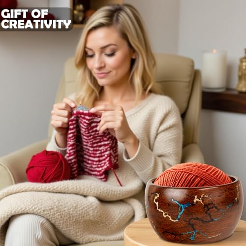 Wooden Yarn Bowl Knitting & Crochet Yarn Holder | Handcrafted Crochet Bowl with Fractal Wood Burning & Blue Resin Inlay (Blue Large 7x7x4) (Multi) - color: Multi