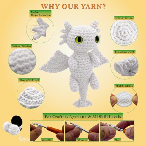 LuNuaFvy Crochet Kit for Beginner Adult/Teen/Kid 9+ - Learn to Crochet Animal Amigurumi Dragon Set with Left/Right-Handed 4hr Video, 3-Format Guides, Gift-Ready Packaging, Soft Yarn & Storage Bag - color: Dragon-Black-white