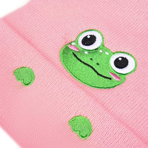 Personality Animal Head Embroidery Knit Beanie Hat for Adult and Big Kids Winter Warm Skull Cuffed Hats - color: Frog-pink