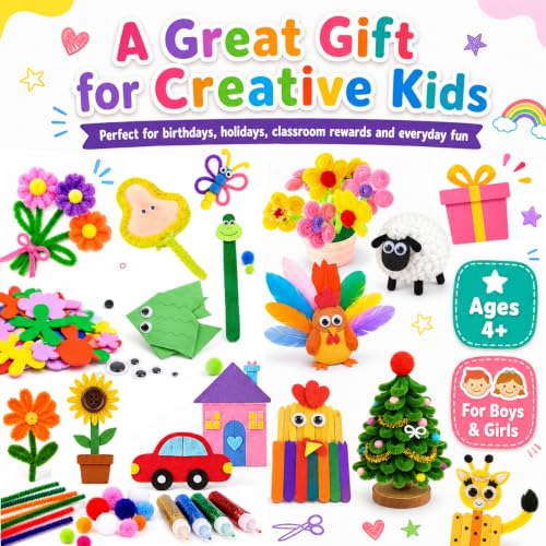 FUNZBO 2000Pcs+ Arts & Crafts Supplies Kit for Kids, DIY Craft for Girl | Art Supply Tools Set Pipe Cleaners, Pom Poms Popsicle Sticks and Feather, Birthday Gifts for Boys & Girls Ages 4 5 6 7 8 -12 - size: Crafts Kit (Large)