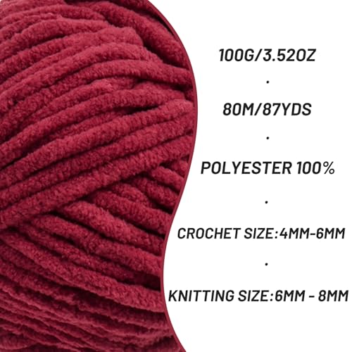 Burgundy Chunky Chenille Yarn for Crocheting, Baby Yarn for Crocheting Soft Blanket/Amigurumi, 100g (87.4yds) Super Bulky Fluffy Velvet Knitting/Crochet Yarn - color: Burgundy
