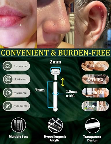 Clear Nose Stud Piercing Retainer Plastic Body Jewelry Lip Helix Septum | Eyebrow Belly Cartilage Bioflex Industrial Bar L-Shape Invisible Flat Back Earring for Women Men Sport Surgery Work - style: 60pcs-18G(1.0mm)-Flat Top