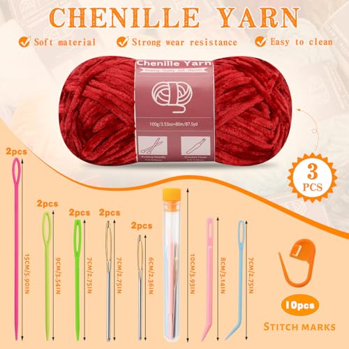 LUNARM Chenille Yarn 3 Pack 3.5oz Chunky Blanket Velvet Yarn 263 Yard | Dark Red Chunky Chenille Yarn for Beginners Crocheting Hand Knitting Scarves with Big Eye Needles Machine Washable - color: Dark Red